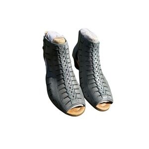 Earth Origins Womens Slate Blue Leather Laser Cut Open Toe Block Heel 8.5